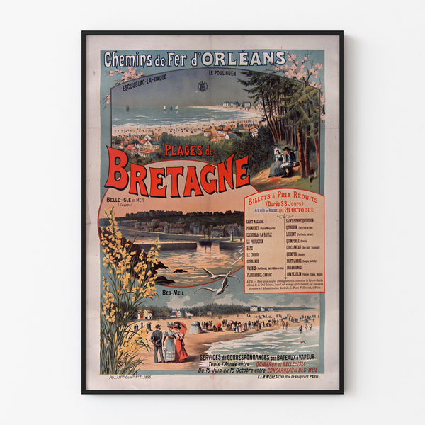 Wintage plakat Bretania – Plages de Bretagne, koleje, w cienkiej ramie na jasnej ścianie.