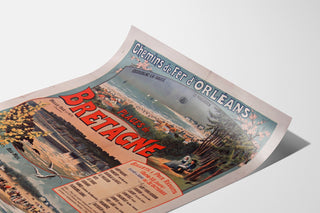 Wintage plakat Bretania – Plages de Bretagne, koleje, na zakrzywionej kartce, widok w perspektywie.