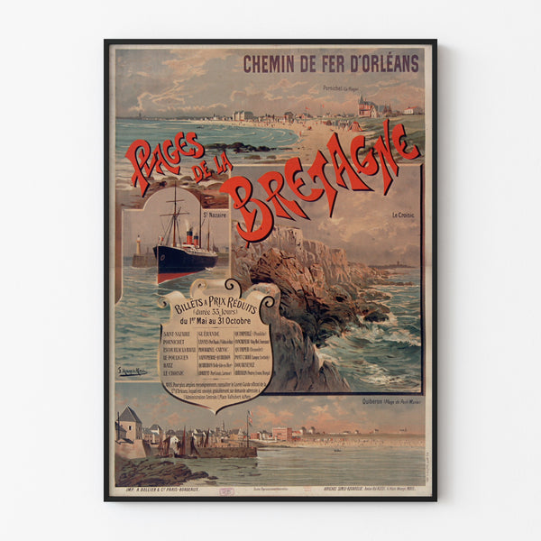 Plakat Bretania vintage – Plaże Bretanii, Orléans, w cienkiej ramie na jasnej ścianie.