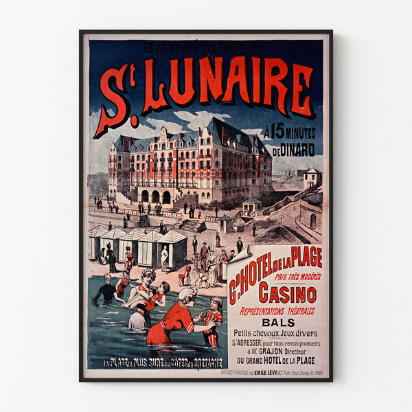 Wintage plakat Bretania – Saint-Lunaire, kąpiele morskie, pokazany w cienkiej ramie na jasnej ścianie.