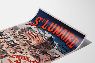 Wydruk plakatowy Bretania vintage – Saint-Lunaire, kąpiele morskie, pokazany na wygiętej kartce, widok perspektywiczny.
