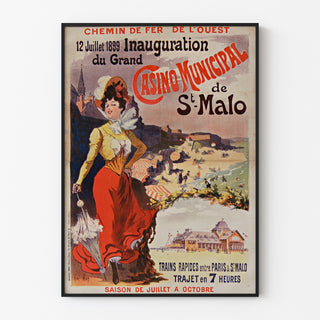 Wydruk plakatowy Bretania vintage – Saint-Malo, otwarcie kasyna, w cienkiej ramie na jasnej ścianie.