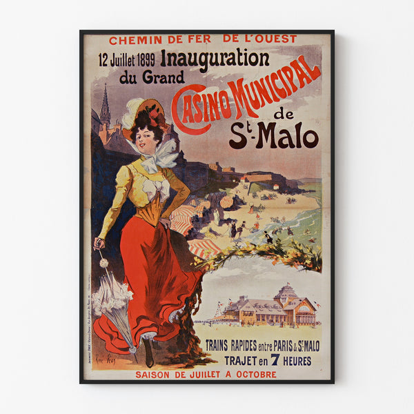 Wydruk plakatowy Bretania vintage – Saint-Malo, otwarcie kasyna, w cienkiej ramie na jasnej ścianie.