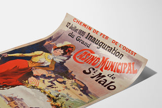 Wintage plakat Bretania – Saint-Malo, otwarcie kasyna, pokazany na lekko zagiętej kartce, widok w perspektywie.
