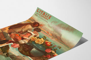 Plakat kolejowy – Włochy przez Saint-Gothard, 1892, pokazany na zakrzywionej kartce w perspektywie.