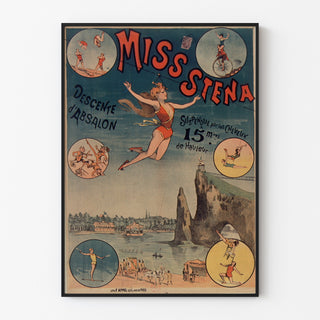 Plakat cyrkowy vintage Miss Stena, zjazd Absalona, w cienkiej ramie na jasnej ścianie.