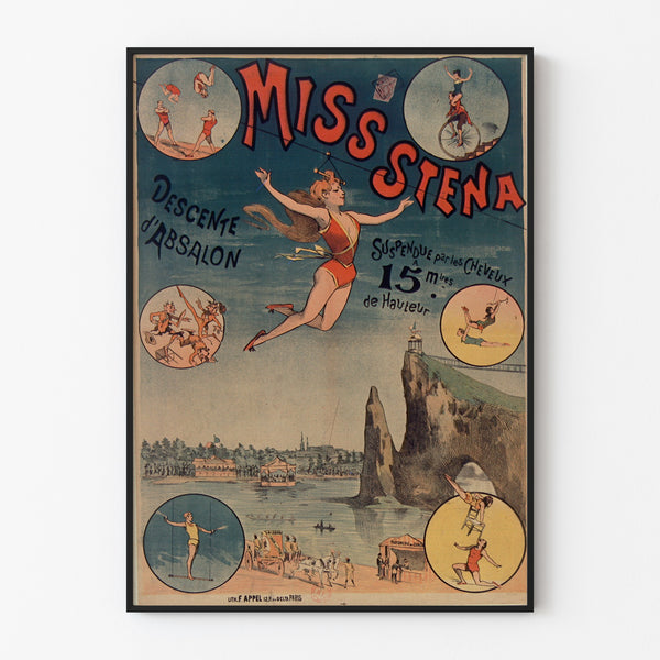Plakat cyrkowy vintage Miss Stena, zjazd Absalona, w cienkiej ramie na jasnej ścianie.
