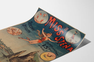 Plakat cyrkowy vintage Miss Stena, zjazd Absalona, pokazany na zaokrąglonej kartce, widok z perspektywy.