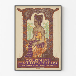 Plakat historyczny – Wystawa kolonialna w Semarang, 1914, w cienkiej ramie na jasnej ścianie.
