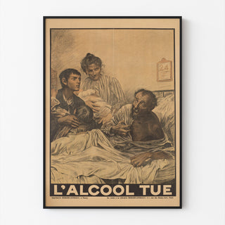 Plakat historyczny – L’Alcool tue – Eugène Burnand, w cienkiej ramie na jasnej ścianie.