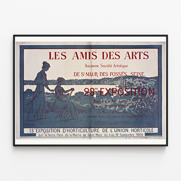 Plakat Les Amis des Arts — Saint-Maur-des-Fossés, w cienkiej ramie na jasnej ścianie.