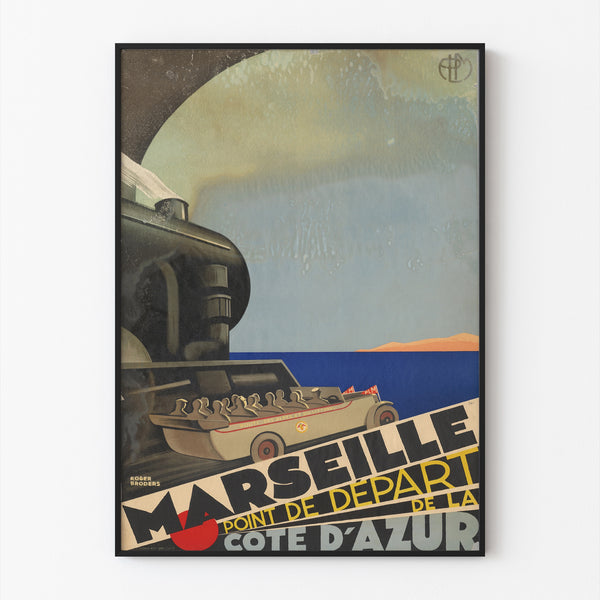 Plakat Marseille vintage – Côte d’Azur – Roger Broders, w cienkiej ramie na jasnej ścianie.
