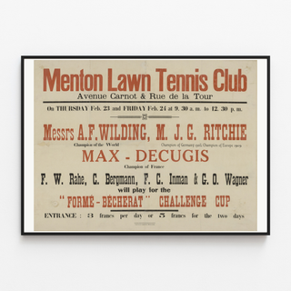 Plakat Menton Lawn Tennis Club, zaprezentowany w cienkiej ramie na jasnej ścianie.