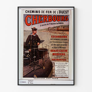 Plakat Normandia vintage – Cherbourg, chemins de fer de l’Ouest, w cienkiej ramie na jasnej ścianie.