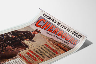 Plakat Normandia vintage – Cherbourg, chemins de fer de l’Ouest, na zagiętej kartce, widok w perspektywie.