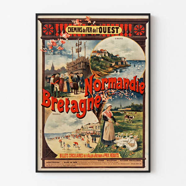 Vintage plakat Normandia – Normandie et Bretagne — chemins de fer de l’Ouest, w cienkiej ramie na jasnej ścianie.