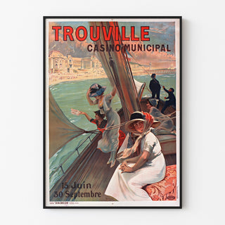 Plakat Normandie vintage – Trouville, Casino municipal, w cienkiej ramie na jasnej ścianie.