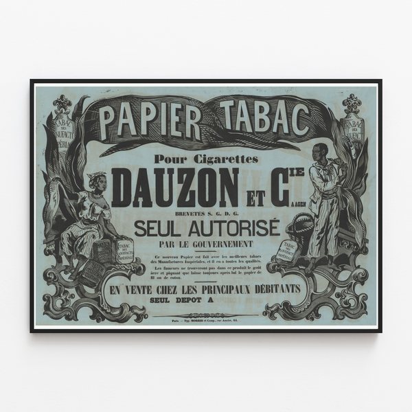 Plakat Papier tabac dla papierosów — Dauzon et Cie, Agen, w cienkiej ramie na jasnej ścianie.