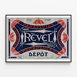 Plakat Parapluies Revel — Marque déposée, Lyon, Paris, w cienkiej ramie na jasnej ścianie.