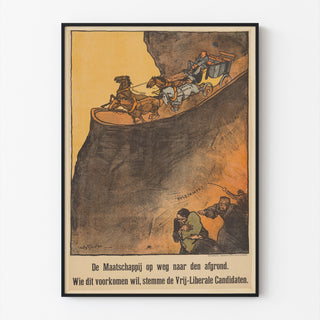 Plakat polityczny vintage – Wybory liberalne, 1918 – Sluiter, w cienkiej ramie na jasnej ścianie.