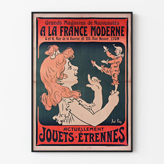 Wintage plakat reklamowy À la France moderne, Lyon, w cienkiej ramie na jasnej ścianie.
