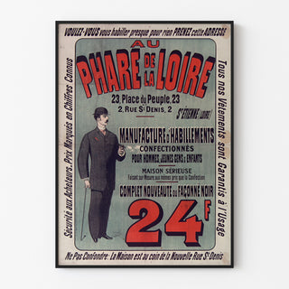 Wintage plakat reklamowy Au Phare de la Loire, odzież, w cienkiej ramie na jasnej ścianie.