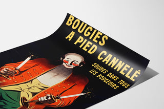 Plakat reklamowy vintage Bougies Fournier, przedstawiony na zagiętej kartce, widok w perspektywie.