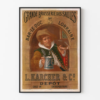 Retro plakat reklamowy Brasserie des Saules, Bar-le-Duc, w cienkiej ramie na jasnej ścianie.