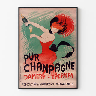 Retro plakat reklamowy Champagne Damery-Épernay, w cienkiej ramie na jasnej ścianie.