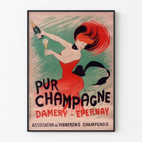 Retro plakat reklamowy Champagne Damery-Épernay, w cienkiej ramie na jasnej ścianie.