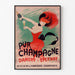 Retro plakat reklamowy Champagne Damery-Épernay, w cienkiej ramie na jasnej ścianie.