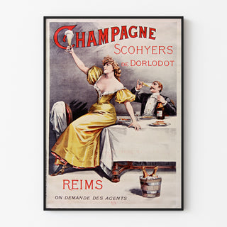 Plakat reklamowy vintage Champagne Scohyers de Dorlodot, w cienkiej ramie na jasnej ścianie.
