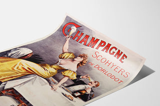Retro plakat reklamowy Champagne Scohyers de Dorlodot, przedstawiony na zakrzywionej kartce, widok perspektywiczny.