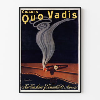 Wintage reklamowy plakat Cigares Quo Vadis, w cienkiej ramie na jasnej ścianie.