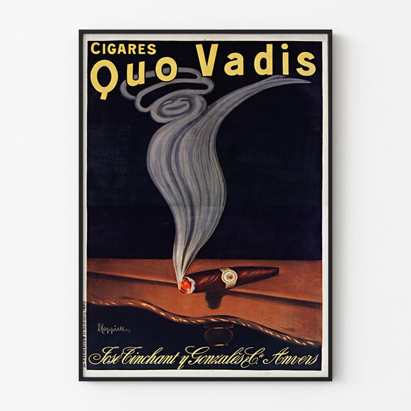 Wintage reklamowy plakat Cigares Quo Vadis, w cienkiej ramie na jasnej ścianie.