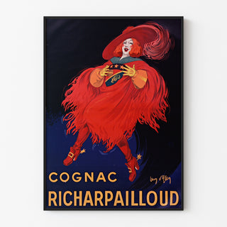 Plakat reklamowy vintage Cognac Richarpailloud, w cienkiej ramie na jasnej ścianie.