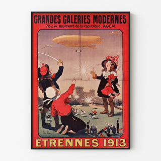 Wintage plakat reklamowy Grandes Galeries modernes, Agen, w cienkiej ramie na jasnej ścianie.
