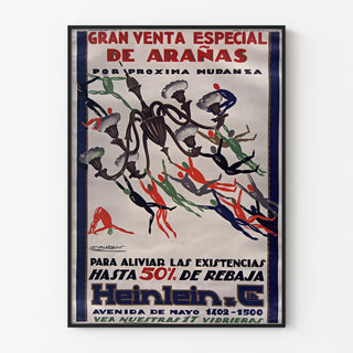 Plakat reklamowy vintage Heinlein, żyrandole, w cienkiej ramie na jasnej ścianie.