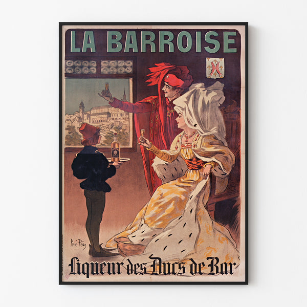 Retro plakat reklamowy La Barroise, w cienkiej ramie na jasnej ścianie.
