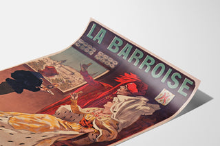 Retro plakat reklamowy La Barroise, przedstawiony na zakrzywionej kartce, widok perspektywiczny.