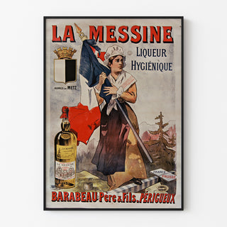 Retro plakat reklamowy La Messine, likier, w cienkiej ramie na jasnej ścianie.