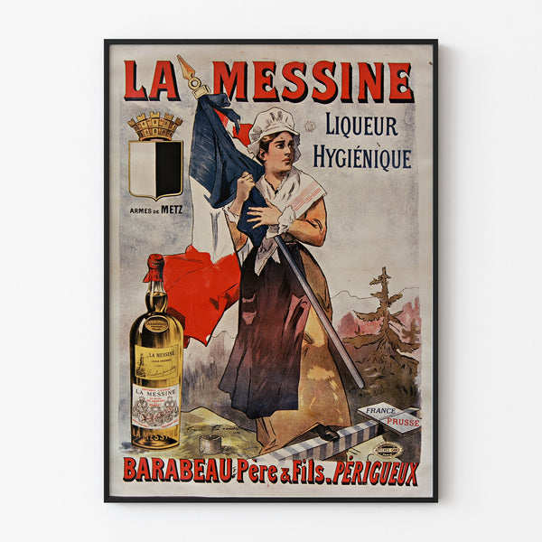 Retro plakat reklamowy La Messine, likier, w cienkiej ramie na jasnej ścianie.