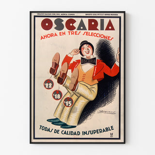Plakat reklamowy w stylu vintage Oscaria, obuwie, pokazany w cienkiej ramie na jasnej ścianie.