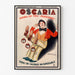 Plakat reklamowy w stylu vintage Oscaria, obuwie, pokazany w cienkiej ramie na jasnej ścianie.