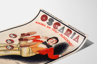 Plakat reklamowy w stylu vintage Oscaria, obuwie, pokazany na zakrzywionej kartce, widok w perspektywie.