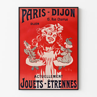 Retro plakat reklamowy Paris–Dijon, zabawki i noworoczne prezenty, w cienkiej ramie na jasnej ścianie.