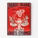 Retro plakat reklamowy Paris–Dijon, zabawki i noworoczne prezenty, w cienkiej ramie na jasnej ścianie.
