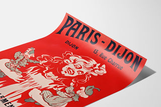 Retro plakat reklamowy Paris–Dijon, zabawki i noworoczne prezenty, pokazany na lekko zagiętej kartce, widok w perspektywie.