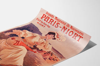 Vintage plakat reklamowy Paryż–Niort, letnie nowości, pokazany na zakrzywionej karcie, widok w perspektywie.