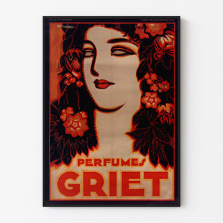 Plakat reklamowy w stylu vintage Perfumes Griet, pokazany w cienkiej ramie na jasnej ścianie.